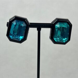 Octagon Stud Earrings Teal Plastic Gemstones Black Enamel Frame